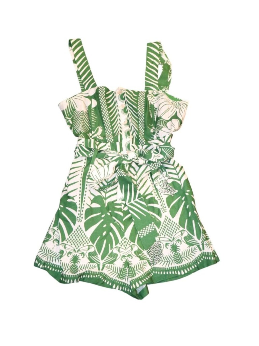 Farm Rio Macaw Elegance Off-White & Green Linen Romper, Large NWT - Picture 1 of 5